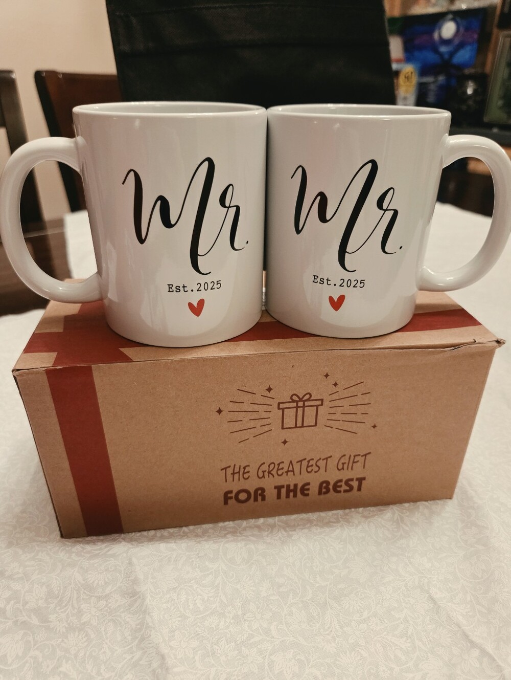 Mr. & Mr. Ceramic Coffee Mugs Set - White with Red Heart (Set of 2)